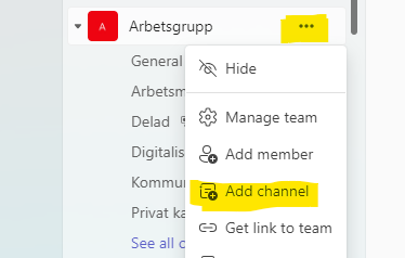 Image showing how to add a channel in a team