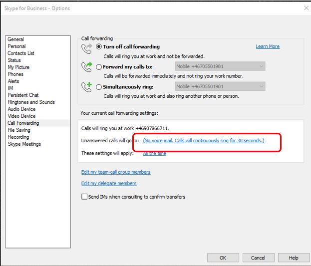 skype for business manual settings