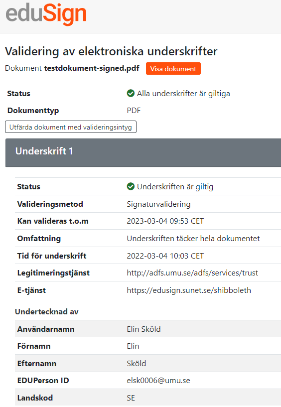 Skärmdump som visar validering av elektroniskt dokument