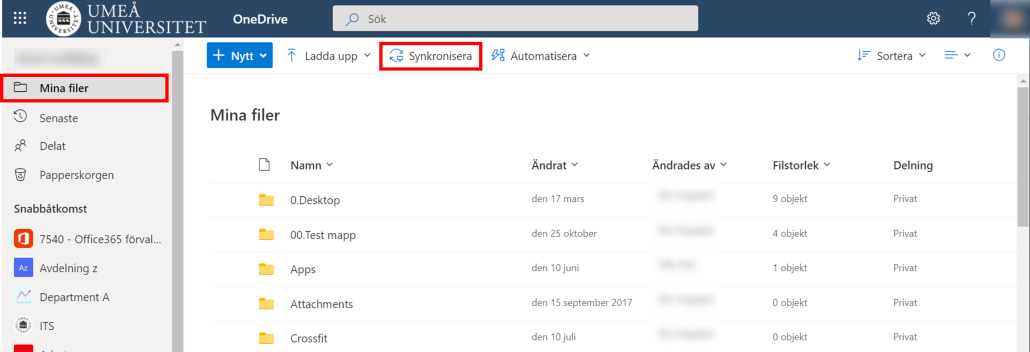 synkronisera filer från din OneDrive - välj mina filer och synkronisera