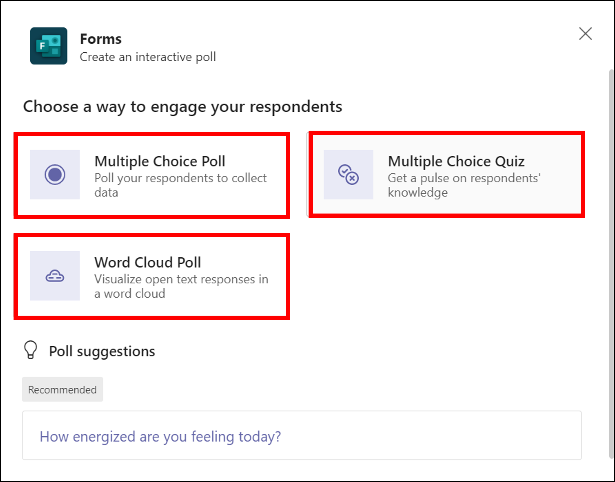 Make a planned poll with Forms in a Teams meeting - questiontypes