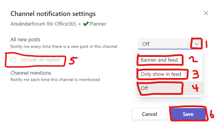 change channel notifications in teams - chose notification level