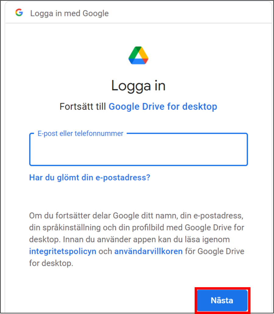 logga in google drive app windows - skriv in umu gapps id
