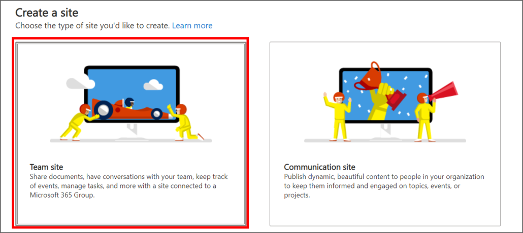 Create Team site in SharePoint - choose team site type