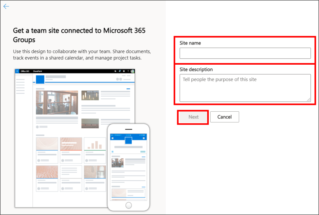 Create Team site in SharePoint - write in name and decription of team site