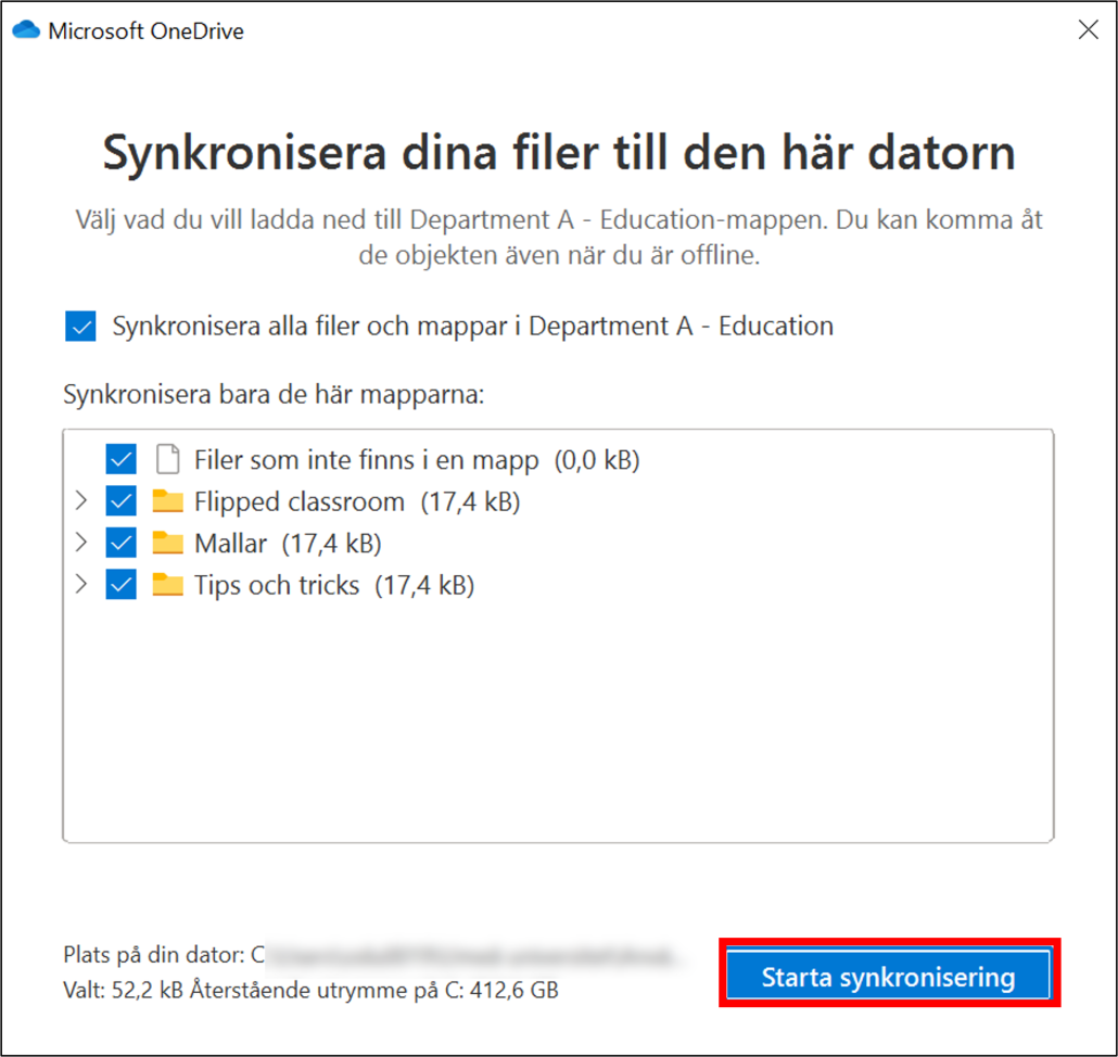 sync files from specific Team channel to computer - OneDrive app opens - control if right folders are included in the sync - click sync