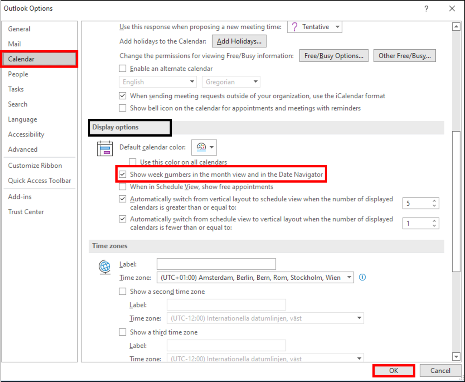 Show week numbers in Outlook – Manual