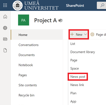 Create news posts in sharepoint - choose SharePoint site - new - news post