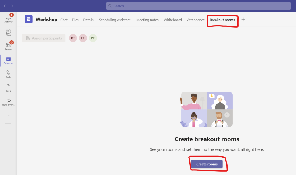 Click Breakout rooms and create rooms