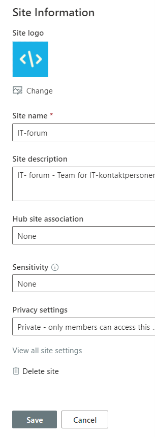 Skärmdump site information Sharepoint