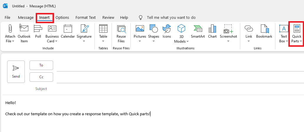 Image of how to insert a Quick part i outlook
