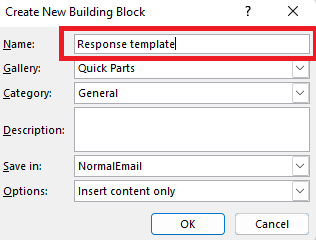 Imgae showing the window where you name your response template