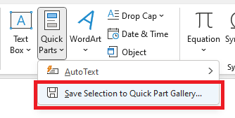 Image showing how to save a quick part in outlook