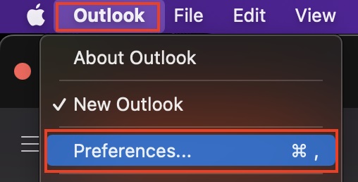 Image showing where to find settings in Outlook for Mac