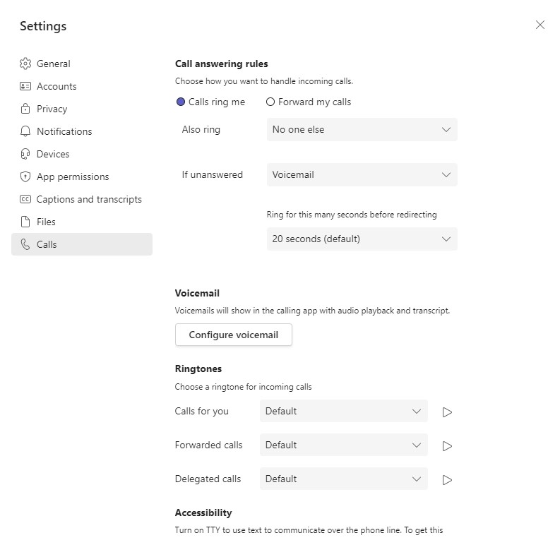 Image showing the settings for Calls in Teams