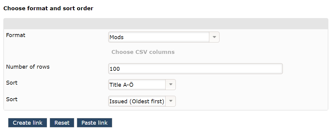 Forms to select format and sort order for feeds