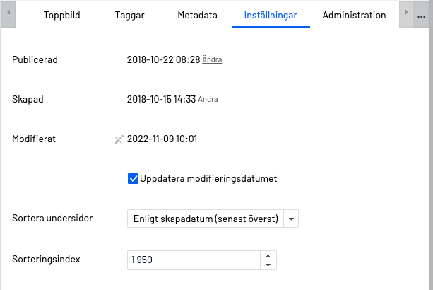 Skärmbild som visar modifiera uppdateringsdatum.