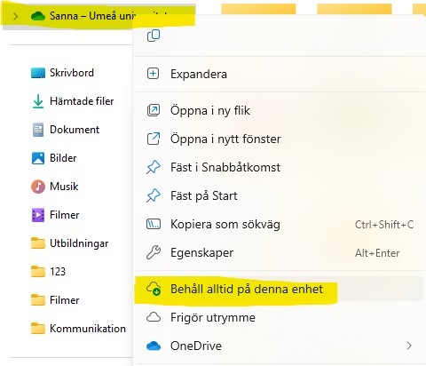 Bild som visar hur man behåller OneDrive filer på sin enhet