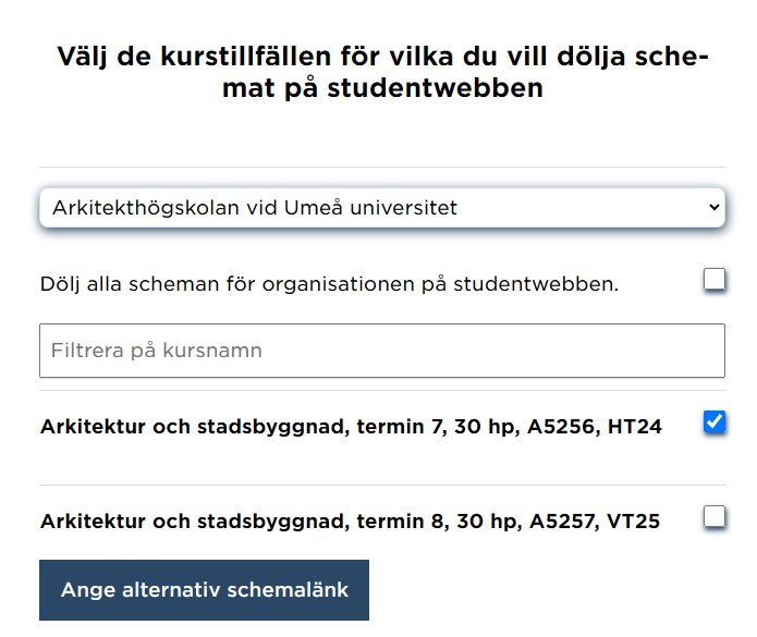 Blockera schema på studentwebben