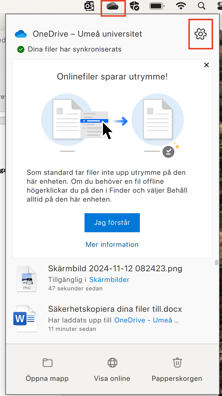 Bild som visar vart hittar inställningar för OneDrive på mac